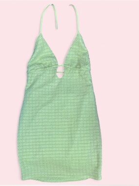 Y2K Light Green Crochet Halter Mini Dress